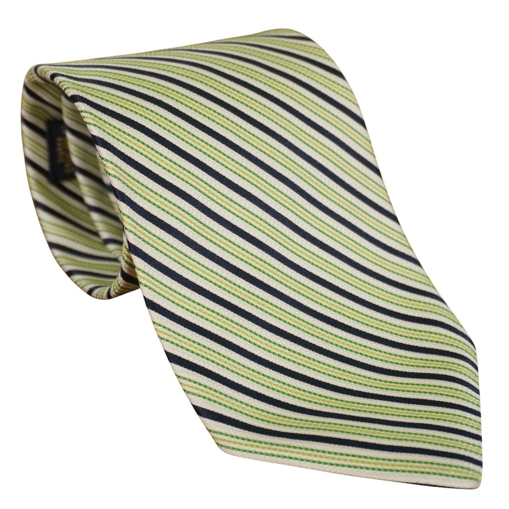 Brooks Brothers Necktie Men Green Navy White Yellow Striped Pure Silk USA Made